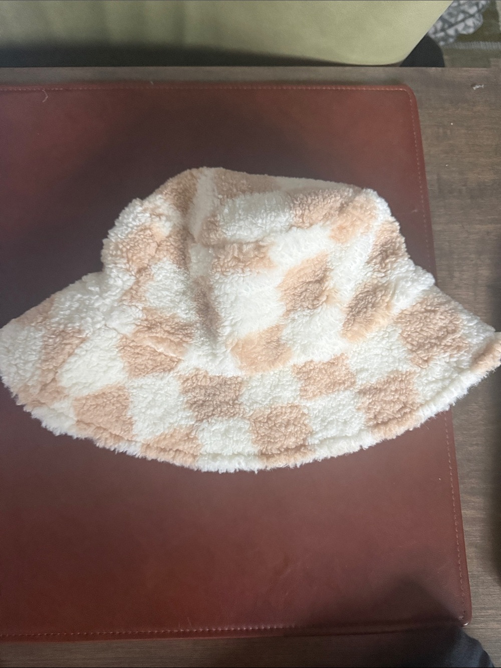 Cozy Sherpa Checkerboard Bucket Hat in Cream & Peach